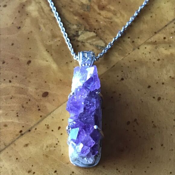 African Amethyst Geode Sterling Silver Stainless Steel Pendant Necklace - Picture 1 of 7